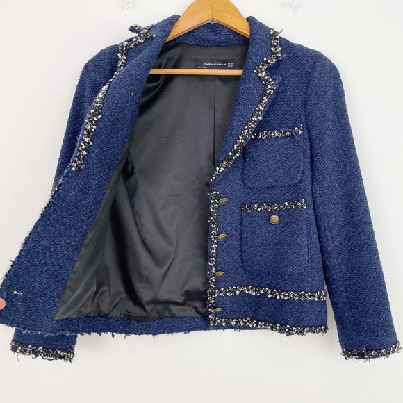 Zara Woman Blue Navy Frayed Tweed Knit Blazer Size Xsmall - Picture 9 of 16